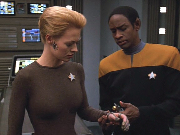 Voyager ho stíhá a Tuvok a kapitán zatím hledají důkazy. Jediným důkazem podporujícím tvrzení Sedmé jsou nanosondy. Zjišťují, že regenerace je jejich normální chování.