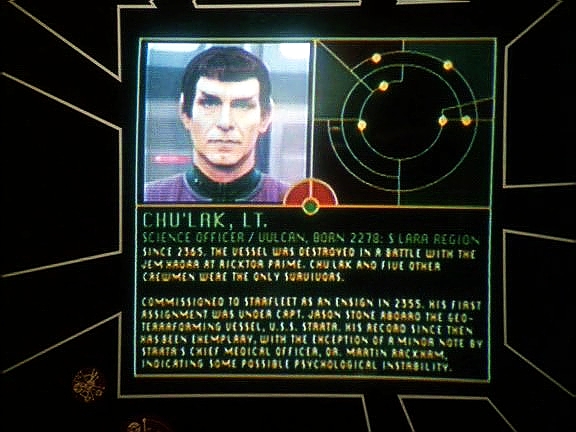 Prohledáním databáze zjistí, že jedním z kandidátů je poručík Chu'lak, který byl jedním ze šesti, kdo přežili zničení USS Grissom. V jeho záznamech se objevuje psychická nestabilita.