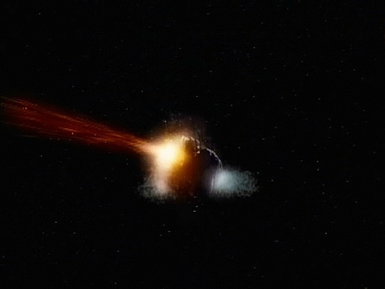Enterprise částicovým paprskem zneškodňuje asteroid řítící se na Tessen III. Nikdo si nevšiml, že se z asteroidu do lodi dostal shluk jakýchsi částeček.
