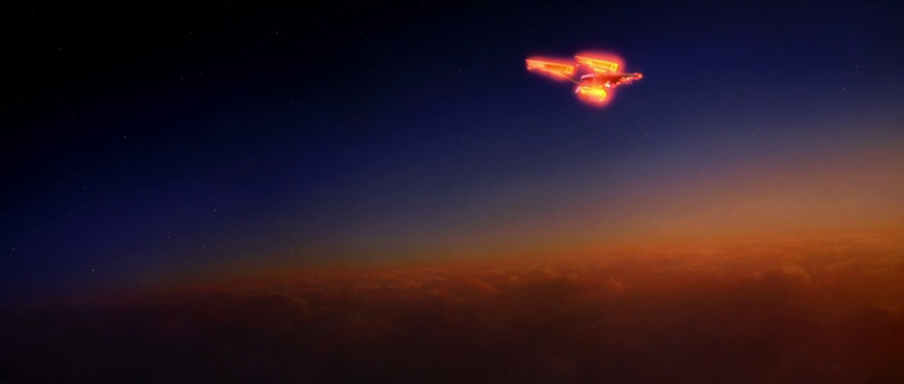 Enterprise se po autodestrukčním výbuchu řítí na povrch Genesis s klingonskou posádkou, která na ní zahynula