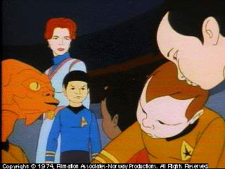 Omládlí Arex, Spock, Kirk a McCoy, v pozadí Sarah Aprilová
