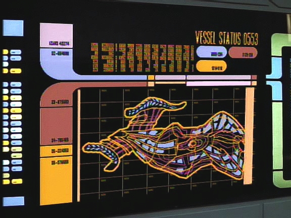 Počítač zpracoval záznamy z trikordérů všech poutníků a ukázal momentální podobu Voyageru. Kromě jiného také skutečnost, že distorze už zasáhla většinu lodi.