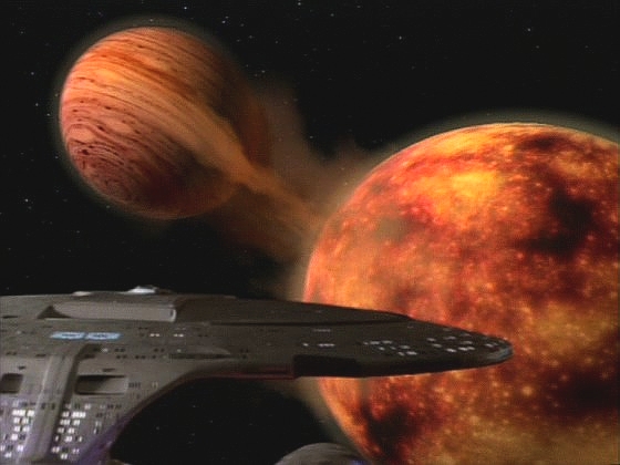 Enterprise právě sleduje kolizi dvou obřích plynných planet, které vybuchnou v hvězdu, když můstek ztratí veškerou možnost loď ovládat.