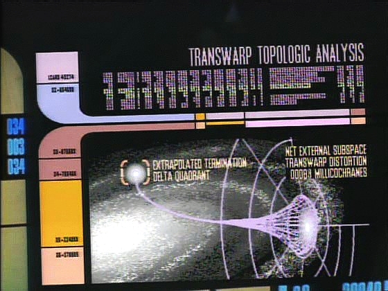 Senzorová data jsou tentokrát podrobnější. Předpokládané ústí transwarpového tunelu leží hluboko v kvadrantu Delta.